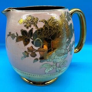 Vtg English Sadler Enameled Pink + Gold Ceramic Pitcher Numbered 5" x 6"